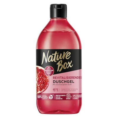 Abbildung von Nature Box revitalisierendes Duschgel mit Granatapfel Duft (385 ml), Duschpflege kaltgepresstem Öl, Flasche aus 100 % recyceltem Social Plastic