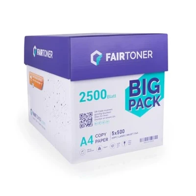 Abbildung von FairToner Kopierpapier 2500 Blatt DIN A4 80g, Weiß (5 x 500 / 5er Pack) Universal Druckerpapier für Laserdrucker und Tintenstrahldrucker geeignet