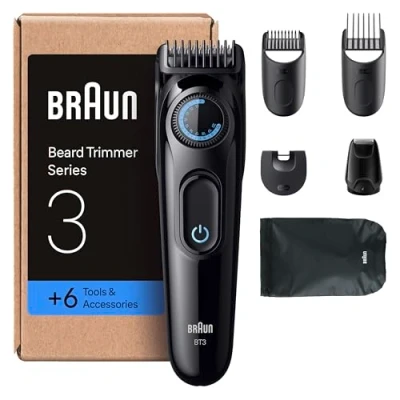 Abbildung von Braun Barttrimmer Series 3, +6 Styling Zubehörteile, ultrascharfe Klinge, 50 Min Akkulaufzeit, 40 Längeneinstellungen, BT3565, Schwarz/Blau