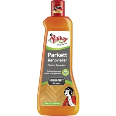 Abbildung von poliboy Parkett Renovierer Seidenmatt 500ml Parkettreiniger (für strapazierte Holz und Korkböden Made in Germany)
