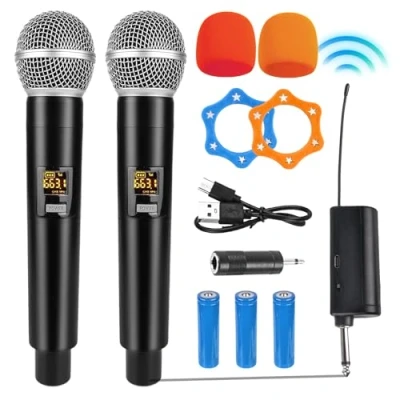 Abbildung von HOSPAOP Mikrofon Kabellos, Dual Funkmikrofon Wireless Microphone Set mit Wiederaufladbarem Empfänger, UHF Drahtloses für Karaoke, Hochzeit, Party, Vortrag, Gesang