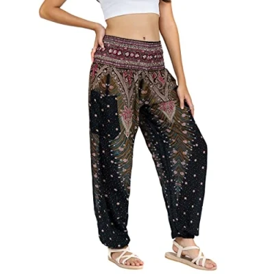 Abbildung von Lofbaz Damen Haremshose Yogahose Pumphose Hippie Hose Boho Kleidung Festival Outfit Sommerhose Leicht Sommer Hosen Peacock 1 Schwarz B XL