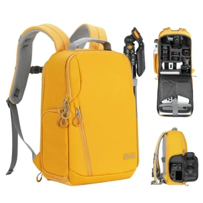 Abbildung von TARION Kamerarucksack Wasserdicht Fotorucksack Kameratasche Klein SLR Kamera Rucksack mit 14 Zoll Laptopfach und Regenschutz für Spiegelreflexkameras Gelb