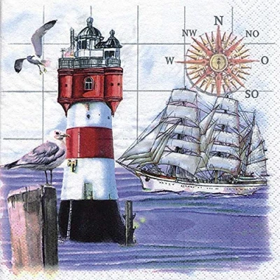 Abbildung von linoows 20 Servietten Maritim, Leuchturm, Segelschiff, Möwen und Kompassrose 33x33 cm