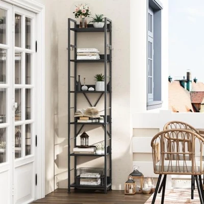 Abbildung von YITAHOME Bücherregal mit 6 Ebenen, bodenstehendes 4 Haken, Holzregal und Metallrahmen, Bücherregal, industrielles Hochregal zur Aufbewahrung für Wohnzimmer, Heimbüro, schwarzes