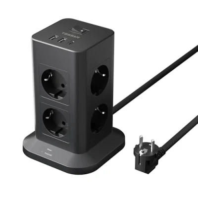 Abbildung von TESSAN Mehrfachsteckdose Überspannungsschutz 3600W 16A, 8 Fach Steckdosenleiste mit USB C und 2 A, Steckerleiste Verlängerungskabel 2M, Steckdosenturm Verteilersteckdose für Zuhause, Schwarz