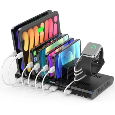 Abbildung von Alxum 96W 10 Port USB C Ladestation für Multi Geräte, Schnellladestation Organizer mit 2 * 18W PD &amp; 2*QC 3.0 Anschlüsse Moblie Phones, Tablets
