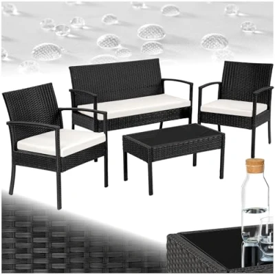 Abbildung von tectake® Poly Rattan Gartenmöbel wetterfest, Gartenset mit 2X Sessel, 1x Gartenbank, Tisch, Outdoor Lounge Möbel Set für Garten, Terrasse und Balkon schwarz
