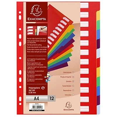 Abbildung von Exacompta 4912E Premium Register für DIN A4 aus langlebigem Kunststoff 12 teilig volle Höhe 21 x 29,7 cm blickdicht 2 6 Farben mit Organisationsdruck auf der ersten Seite Trennblätter