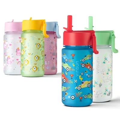 Abbildung von Vinsun Trinkflasche Kinder 500ml Auslaufsicher mit Strohhalm Kindergarten, BPA frei, auslaufsicher, bruchsicher, Geruchs und Geschmacksneutral