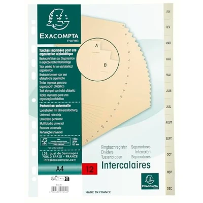 Abbildung von Exacompta 1212E 10er Pack Karton Register Jan. Dez. für DIN A4 aus 12 teilig volle Höhe 21 x 29,7 cm elfenbein mit bedruckten Taben Universallochung Trennblätter Trennstreifen Ordner