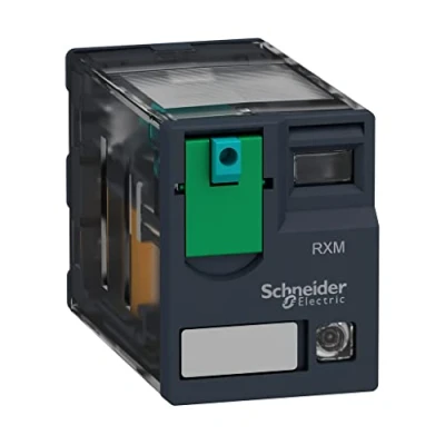 Abbildung von RXM Steckrelais mit Prüftaste und LED 3 Wechslerkontakten bei 10A 24 VDC Versorgung