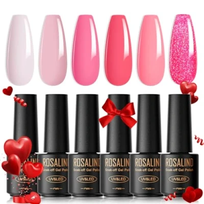 Abbildung von ROSALIND UV Nagellack Rosa, 6 Pastell Farben Mini Gel Nagellack, Set Weiß Hellrosa Dunkelrosa Glitzer Rosa Soak Off Nail Polish für Anfänger Art Salon DIY Home