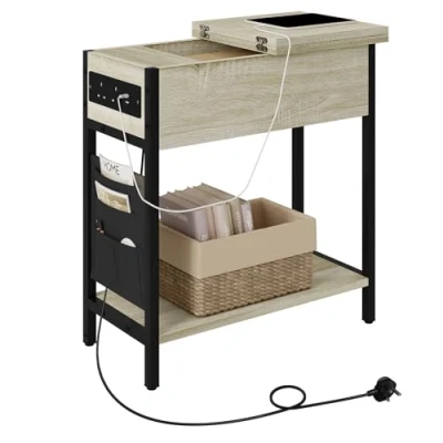 Abbildung von EUGAD Beistelltisch mit Ladestation, Nachttisch Ladefunktion, Sofatisch, Couchtisch Stauraum, Kleiner Tisch, USB Anschluss, Steckdose, Tasche, klappbare Tischplatte, helle Eiche, 0003CHJ