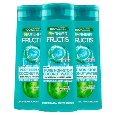Abbildung von Garnier Fructis Pure Non Stop Coconut Water Shampoo für fettige Haut, trockene Spitzen mit Kokoswasser, entfernt überschüssigen Talg, ohne Silikon, 3 Flaschen à 250 ml
