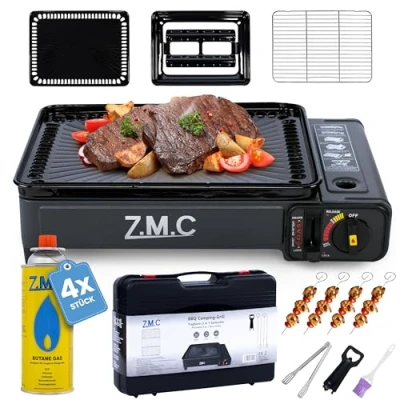 Abbildung von Z.M.C 2 in 1 tragbarer Campingkocher und Gasgrill Klein inkl. Grillzubehör Set Koffer + 4x Gaskartuschen 227g, Balkon Tischgrill Gaskocher 2,2 kW mit LPG Anschluss für Camping, Outdoor indoor