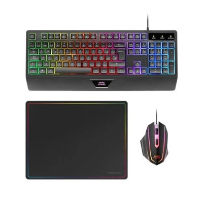 Abbildung von MARSGAMING MCP124, 3in1 Gaming Combo, Ergonomische H Mech LED RGB Tastatur, Maus 3200DPI HUANO Switches, Nanotextil Mauspad 360x260mm, Multiplattform Kompatibilität, Portugiesisch Layout, Schwarz