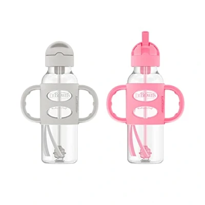 Abbildung von Dr. Brown&#039;s Schnabel Trinkhalmflasche mit Silikongriffen, Grau und Rosa, 237 ml, 2 Stück