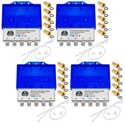 Abbildung von 4X HQ DiseqC Schalter Switch 4/1 mit Wetterschutzgehäuse HB DIGITAL SAT LNB 1 x Teilnehmer/Receiver für Full HDTV 3D 4K UHD + 20 Vergoldete F Stecker Vergoldet