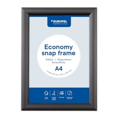 Abbildung von Europel Economy Klapprahmen, A4, Farbe Schwarz, Aluminium Profil 25 x 11 mm, Maße 241 328 für Poster 21 29,7 cm, Posterhalter, Hotel, Büro, Restaurant, Speisekarten, Werbung, Botschaft