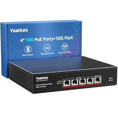 Abbildung von YuanLey 5 Port 10G PoE Switch Unmanaged mit 4 PoE, x Base T Ports, 1 UpLink, IEEE802.3af/at, 65 W, kompatibel 1G/2,5G/5G/10G, Rackmount 10Gbe Netzwerk