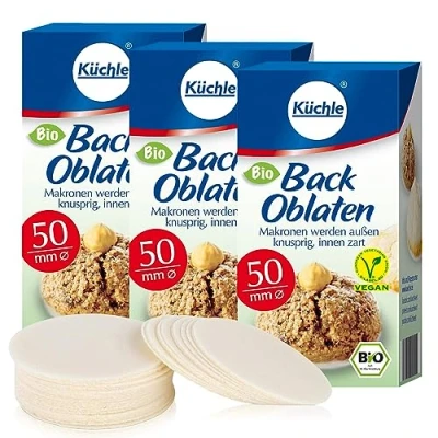Abbildung von Küchle runde Back Oblaten Bio Vegan 50mm 37g pro Packung 3er Pack Esspapier zum Backen von Makronen &amp; Lebkuchen