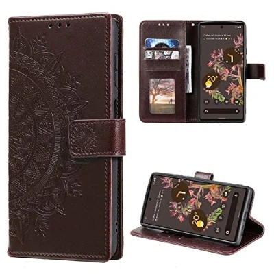 Abbildung von CoverKingz Schutzhülle kompatibel mit Google Pixel 6 Handycover Kartenfach Schutztasche Wallet Flip Case klappbar Motiv Mandala Braun