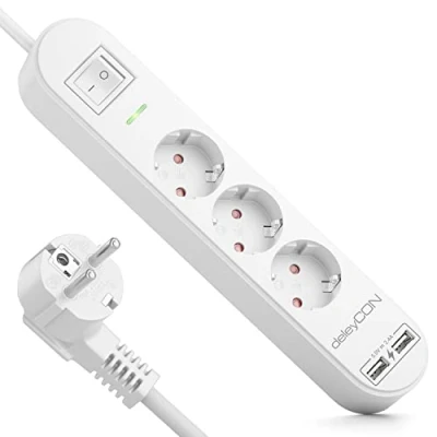 Abbildung von deleyCON 5m 3 Fach Steckdosenleiste mit USB Stromleiste 3X Schutzkontaktbuchsen 2X A Ladebuchse für z.B. Handy &amp; Tablet Überspannungsschutz EIN/AUS Schalter Weiß