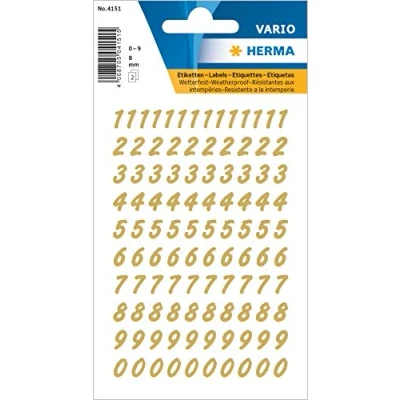 Abbildung von HERMA 4151 Zahlen Aufkleber gold 0 9, 208 Stück, Schriftgröße 8 mm, selbstklebend, wetterfest, klein, Nummer Ziffer Klebezahlen Sticker Hausnummern aus Folie zum Aufkleben, transparent