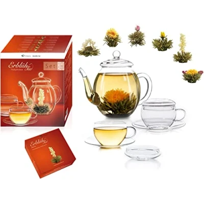 Abbildung von Creano Teeblumen Mix Geschenkset Erblühtee Genießerset mit Glaskanne und Teetassen Weißtee (6 verschiedene Sorten)