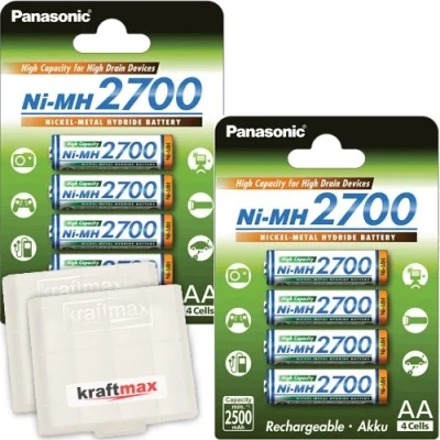 Abbildung von Panasonic 2700 NI MH Akkus mit hoher Kapazität, BK 3HGAE 8 Mignon AA Batterien im Batteriekasten, 8er Pack.