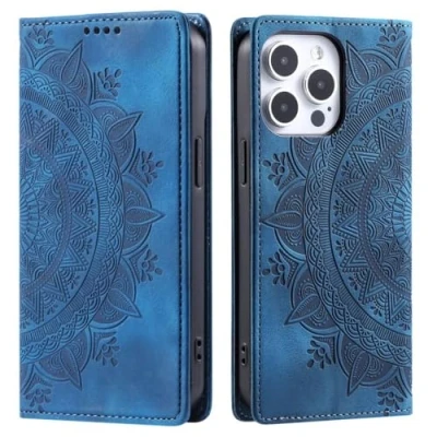 Abbildung von CoverKingz Handyhülle für iPhone 16 Pro Max Handytasche mit Kartenfach Klapphülle Cover Handy Hülle klappbar Motiv Mandala Blau