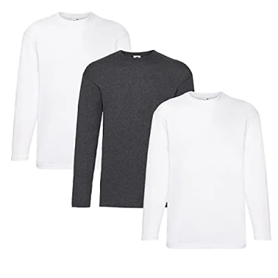 Abbildung von Fruit of the Loom Valueweight Langarm T Shirt für Herren, 2 weiße + 1 dunkle Heidekraut Hlkauf Notizblock, XL