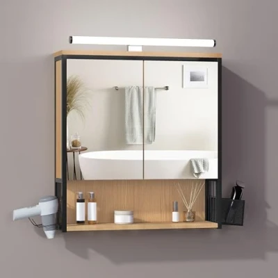 Abbildung von EUGAD Spiegelschrank Bad mit Beleuchtung, Badezimmerschrank Spiegel, Badschrank hängend, Verstellbarer Ablage Halter Korb, aus Metall MDF, schwarz + helle Eiche