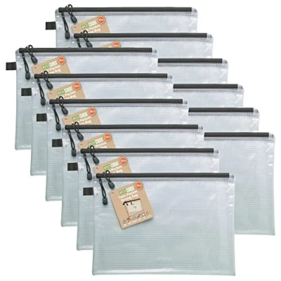 Abbildung von eco A4+ 90% Recycelt Twin Tasche Klar Transparente Starke mit Schwarzem Reißverschluss (Packung 12)