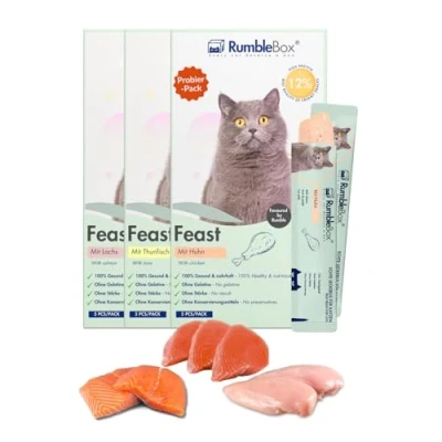 Abbildung von Schleckies Katzensnacks RumbleBox Ultimate Sparbox, cremige mit 70% Fleischanteil Huhn, Lachs &amp; Thunfisch, natürliche gesunde ohne Getreide Zucker 3x75g