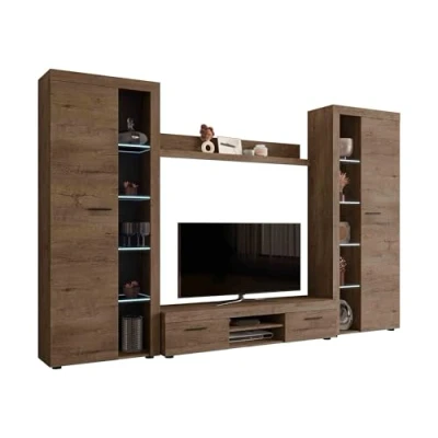 Abbildung von Wohnwand Rango XL, Modernes Wohnzimmer Set, Design Anbauwand, Schrankwand, Mediawand, Vitrine, TV Lowboard, (Lefkas Eiche, mit weißer LED Beleuchtung)