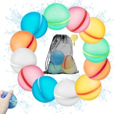 Abbildung von 12 Stück Wiederverwendbare Wasserbomben, Wasserbomben Wiederverwendbar, Selbstschließend, Wiederbefüllbare Wasserspielzeug für Kinder und Erwachsene