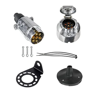 Abbildung von BEIJISTAR Anhängerstecker &amp; Steckdose 7 Polig Metall mit Gummidichtung und Metallhalterung, 12V Wasserdichter Poliger Steckdose, für LKW RV Anhänger Zubehör (Aluminiumlegierung)