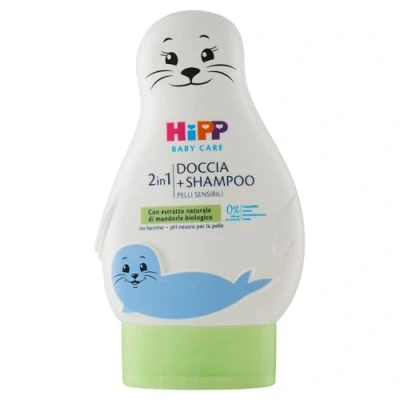 Abbildung von HiPP Baby Care Dusch Shampoo für Kinder in Form einer lustigen Robbe, reinigt sanft Körper und Haare, pH neutral, mit Bio Mandel Extrakt, 1 Flasche 200 ml