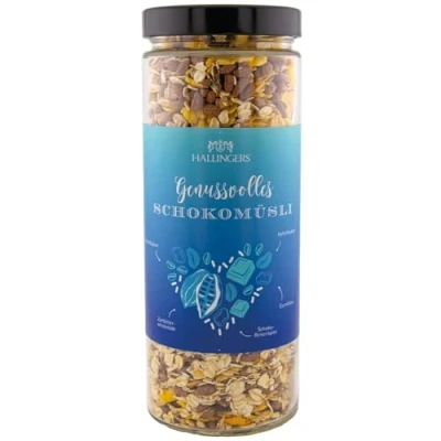 Abbildung von Hallingers Schoko Mausli Feinstes Gourmet Müsli frisch aus der Mühle (Glas) Adventskalender Neuheiten &amp; befüllen Neues Zuhause Ruhestand Danke Genesung