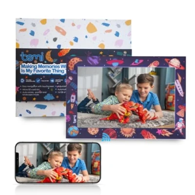 Abbildung von bemi Rahmen mit Frameo App WiFi Lila Kinder Digitaler Bilderrahmen Touchscreen IPS LCD Display und 16 GB integriertem Speicher, Weiß 10 Zoll