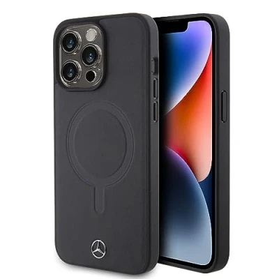 Abbildung von CG MOBILE Mercedes Benz Handyhülle kompatibel mit Magsafe iPhone 15 Pro Max in Schwarz, Echtleder, schützende &amp; langlebige Hülle einfachem Snap on, Stoßdämpfung Signatur Logo