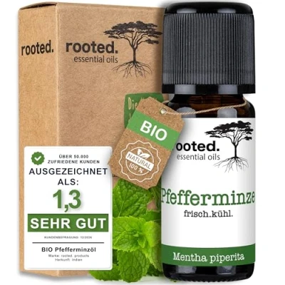 Abbildung von rooted.® BIO Pfefferminzöl 10ml [100% NATURREIN] Echte Pfefferminze Mentha piperita Ätherisches Öl für Aromatherapie, Duftlampe, Diffusoren, Raumduft, Duftkerzen und Seifen