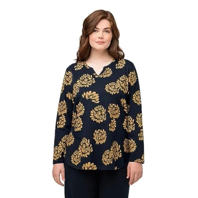 Abbildung von Ulla Popken Floraler Druck Ausschnitt Langarm BIO Nachtwäsche Shirt, Damen, Größe: 46/48, Marine