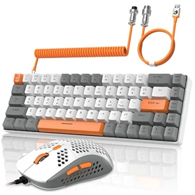 Abbildung von YINDIAO T8 60% RGB Gaming Tastatur und Maus Set + Gewendeltes USB C Kabel,Kabelgebundene Mechanische Tastatur,68 Tasten TKL Compact Layout,Maus mit Wabenstruktur,Bis zu 6400DPI,für PC PS5 Hellgrau