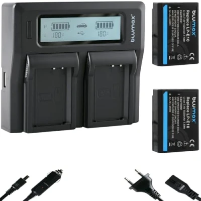 Abbildung von Blumax 2X Akku LP E10 1020mAh + Doppelladegerät / LC E10e Dual Charger passend zu Canon EOS 1100D 1200D 1300D Rebel T3 T5 T6 2 Akkus gleichzeitig Laden