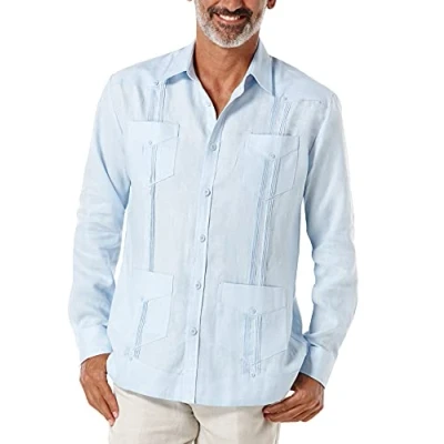 Abbildung von Cubavera Herren Guayabera 100% Leinen mit Vier Taschen, langärmelig, Knopfleiste (Größe S 5X Big &amp; Tall) Hemd Button Down Kragen, Cashmere Blue, Mittel