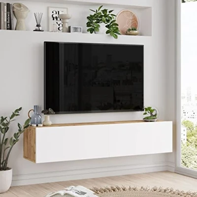 Abbildung von [en.casa] TV Hängeboard Lapinlahti Lowboard Hängeschrank 140 cm Board Fernsehtisch Wandregal hängend Eiche rustikal/Weiß