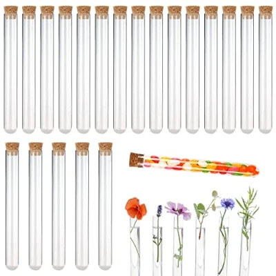 Abbildung von 20 Stück Reagenzgläser, Reagenzgläser mit Korken Reagenzgläsern Glas Ascheflaschen Transparent 16 x 150 mm, Reagenzglasgefäße für Hochzeiten, Blumen, Badesalzbonbons, Labortisch, Hauptdekoration